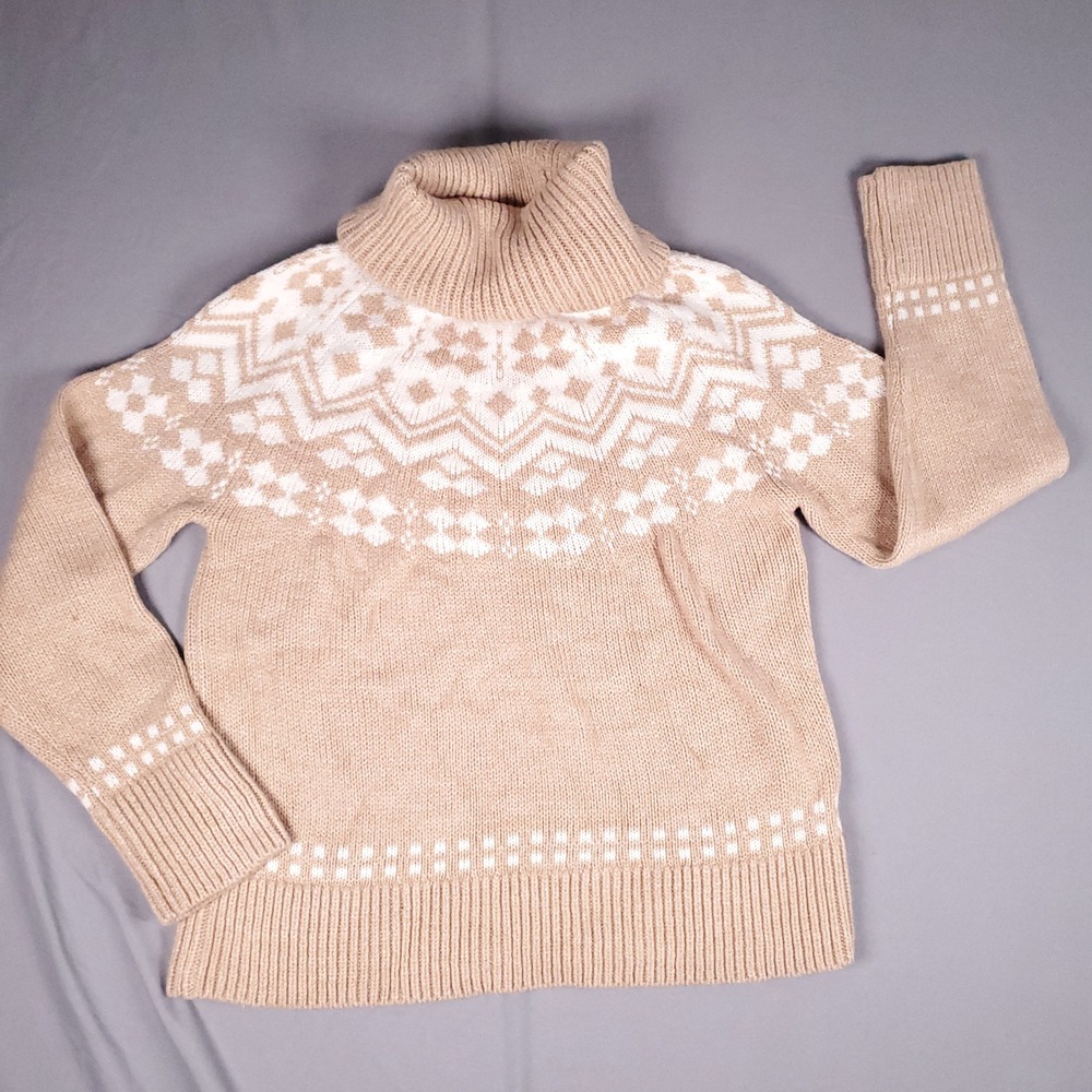 Tommy Hilfiger Womens Small Tan White Fair Isle Turtleneck Sweater Pullover Cozy